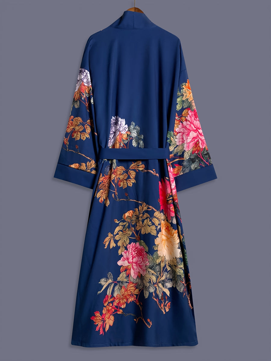 Japanese-style Rose Print Mid-length Three-quarter Sleeve Kimono Cardigan, Lightweight Outerwear for Women, Elegant European and American Ethnic-inspired Streetwear Casual Cover-up, Beach Vacation Travel Uchikake-style Thin Cape Coat, Home Yukata - Blue