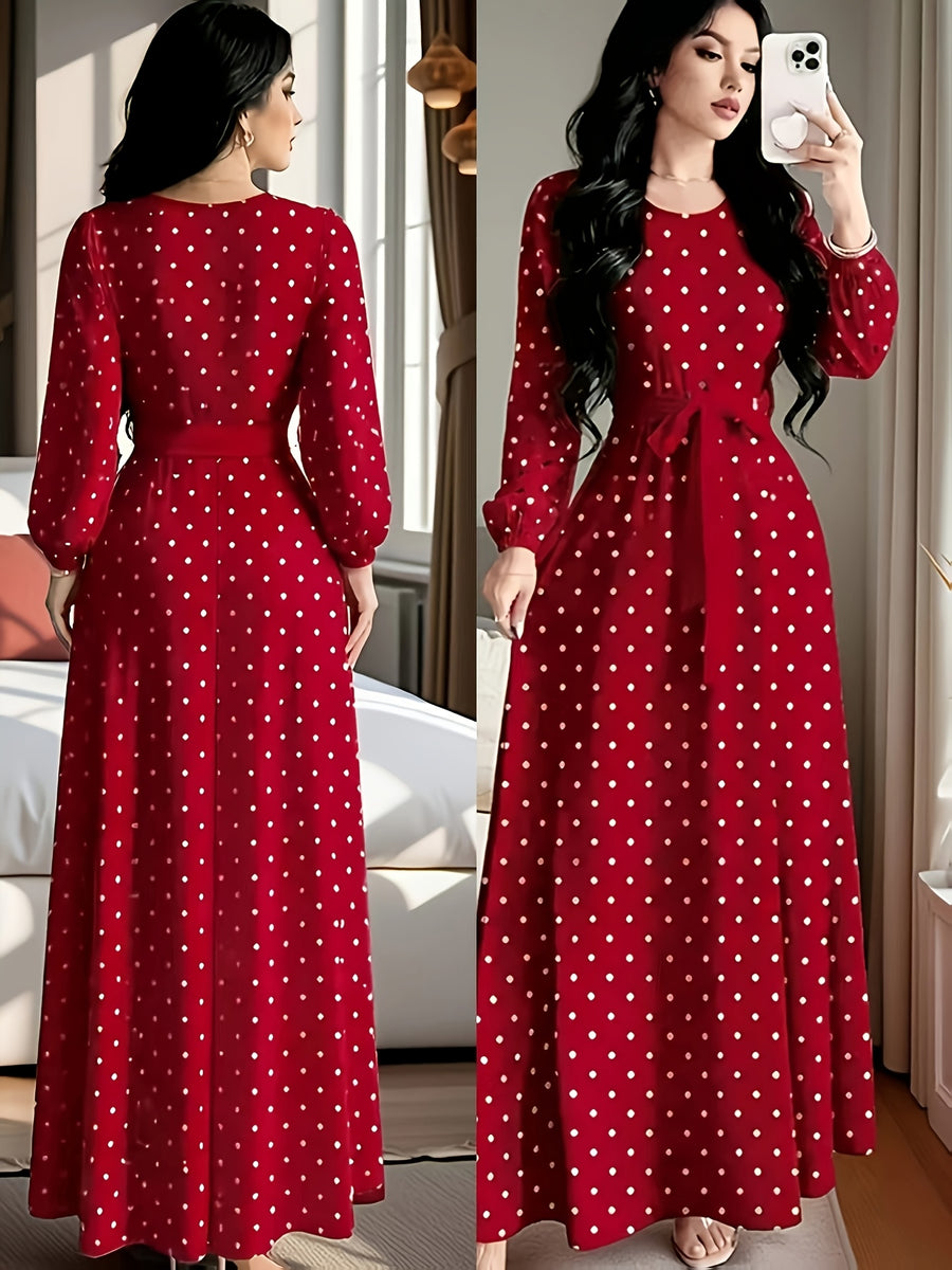 Polka Dot Printed Women'S Fashion Dress with Round Neck, Long Sleeves, Belted Waist Design, Elegant Long Dress Suitable for Spring And Autumn, Perfect for Festivals And Travel - Burgundy