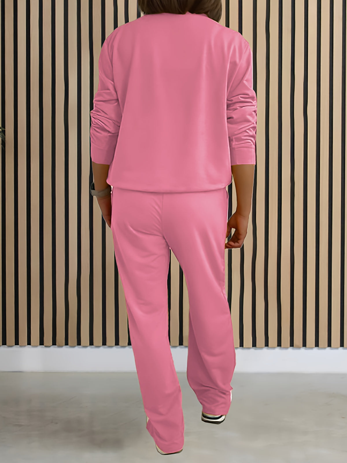 Women'S Solid Color Two-Piece Casual Long Sleeve Front Zipper Hoodie with Drawstring Straight Leg Pants Outfit - Pink Color