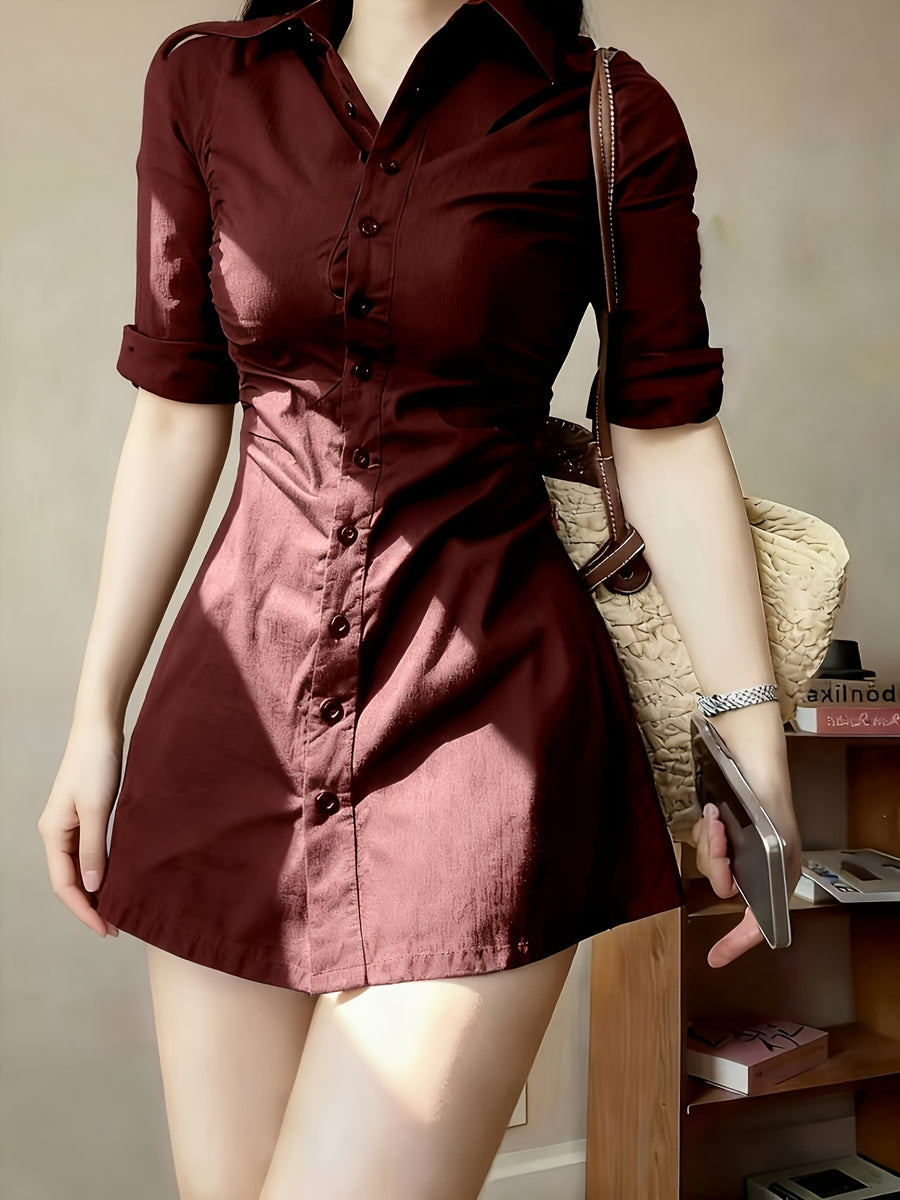 Waist- And Single-Breasted Solid Color Shirt Dress, Suitable for Dating And Commuting - Burgundy
