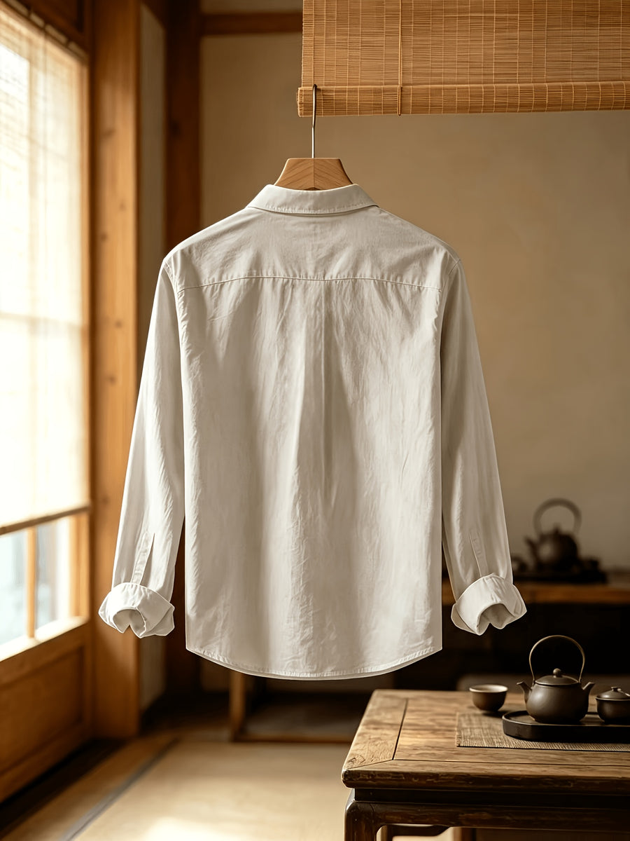 Men'S Autumn Classic Solid Color Long Sleeve Button-Up Shirt, Lapel Collar Casual Blouse, Loose Soft Breathable Daily Top - Light Grey