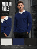 Pearson OBM Christmas Holiday Event, 1pc Adult Men's Multi-Color Fine Waffle Knit Long-Sleeve Lapel Top with Contrast Collar, Dual Black Buttons, and Asymmetrical Slanted Placket Design, Vintage Street-Style Light Luxury Look, Comfortable Fit - Navy Color