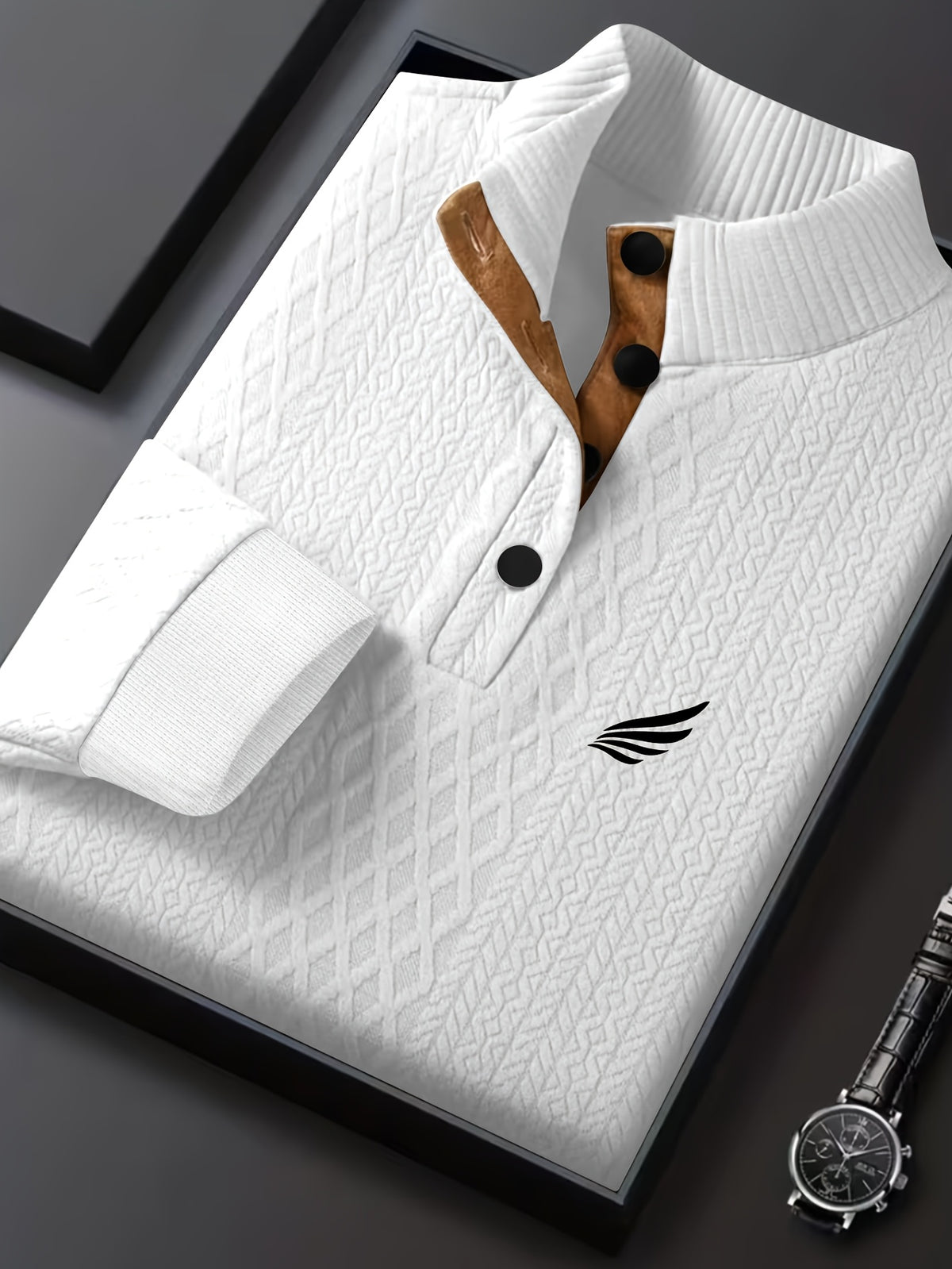 Men's New Jacquard Top with Textured Classic Stand Collar to Enhance Neckline, Half-Button Placket Continuing Vintage Henley Style, Patchwork Design Fashion Knit Shirt - White