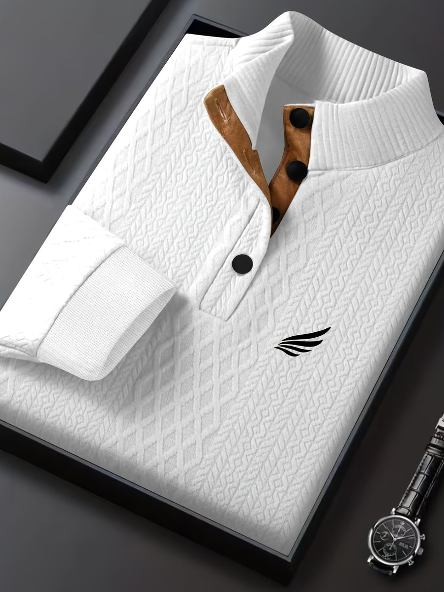 Men's New Jacquard Top with Textured Classic Stand Collar to Enhance Neckline, Half-Button Placket Continuing Vintage Henley Style, Patchwork Design Fashion Knit Shirt - White