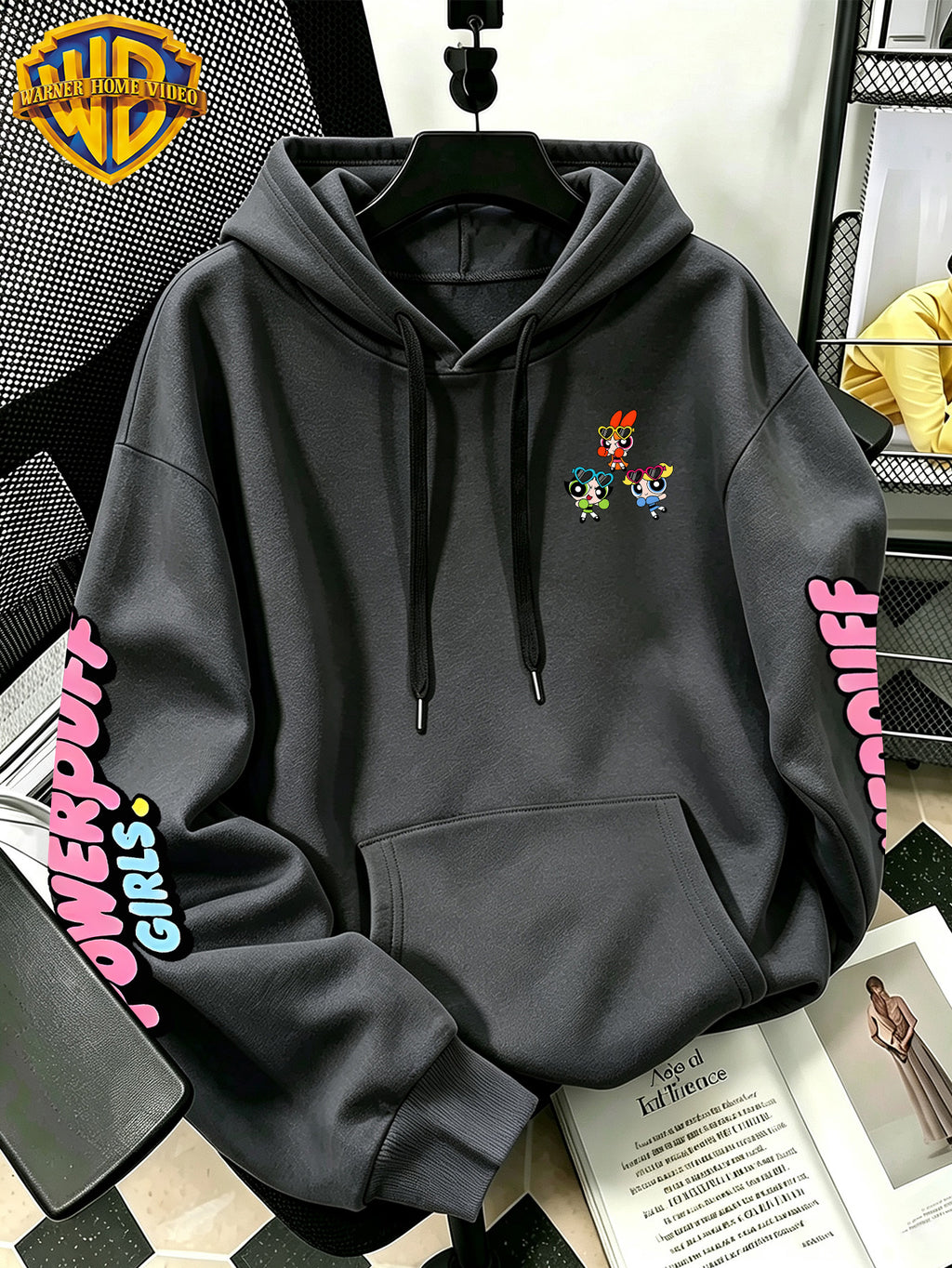 [Warner Bros] Officially Licensed Cute Powerpuff Heart Pattern Print Hoodie - Men'S Fashion Sweatshirt, Adjustable Drawstring Loose Comfortable Hoodie, Suitable for Daily And Outdoor Wear, Perfect Choice for Warmth in Autumn And Winter! Unisex - Dark Gray