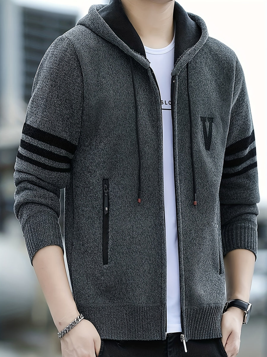 Men'S Striped Fleece Hooded Cardigan, Casual Slightly Stretch Breathable Zip Up Thermal Jacket for Fall Winter Outdoor, Knit - Dark Gray
