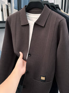 Men's Lapel Knit Cardigan in Multiple Autumn Colors, Vertical Rib-knit Texture, Single-breasted Design, Loose and Versatile, Skin-friendly and Breathable, Suitable for Business Commuting, Daily Outings, Social Gatherings, and Casual Home Wear - Coffee Color