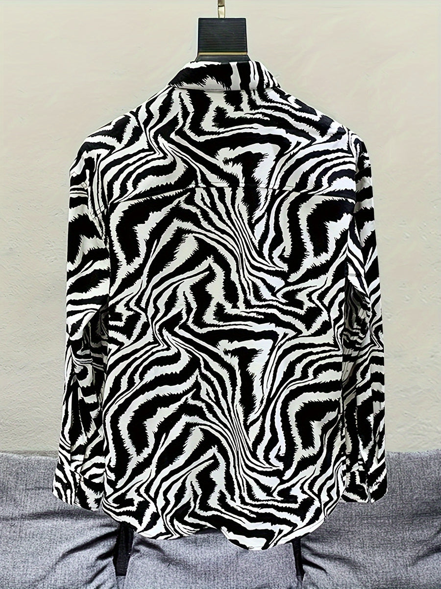 Men'S Trendy Retro Slim-Fit Long-Sleeve Shirt with a Zebra Pattern for Spring And Summer in The Middle East, Wrinkle-Free And Lightweight - Black