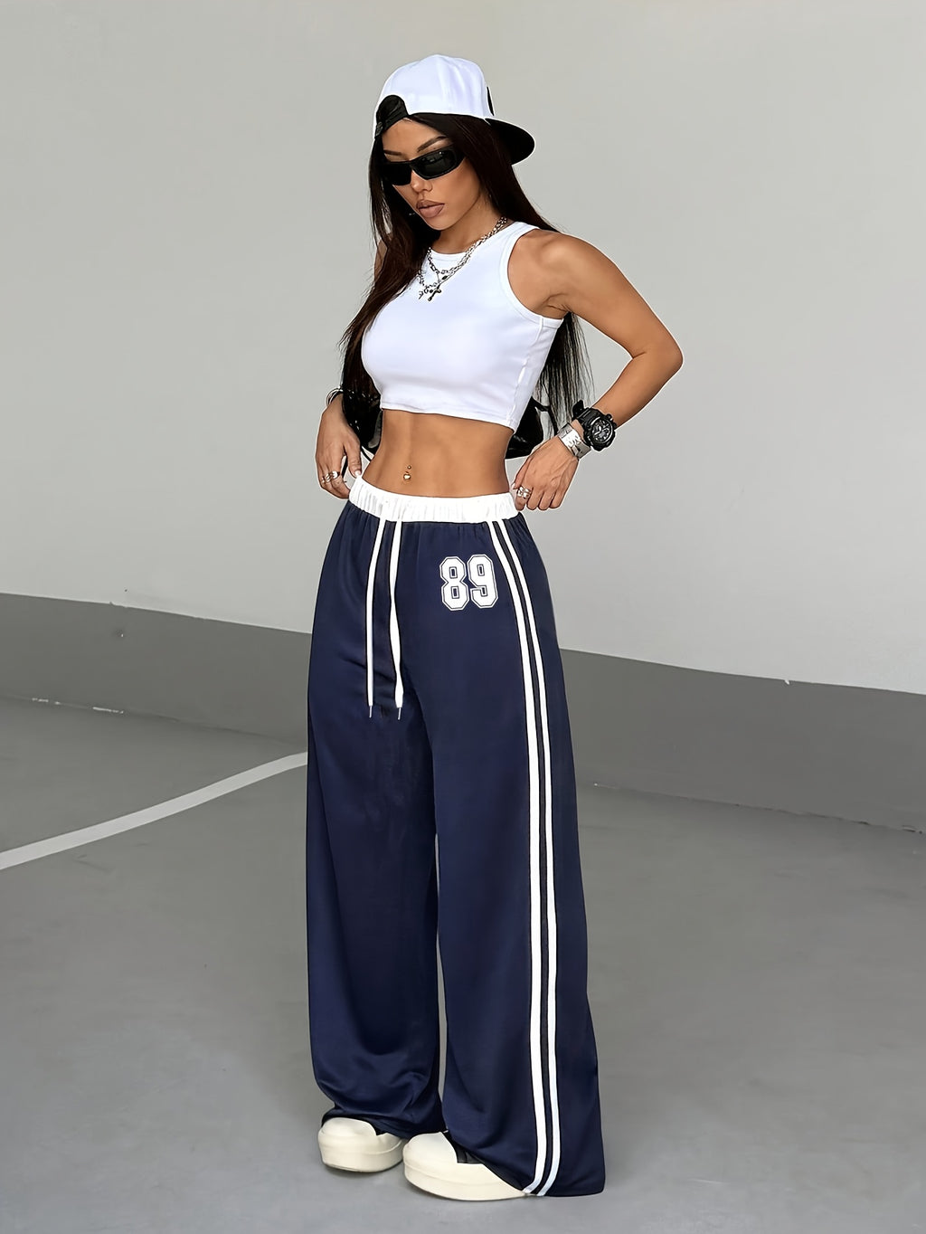 Women'S Athletic Spring/Summer Digital Print Belt Patchwork Casual Athletic Street Retro Style Loose Athletic Pants - Navy Color