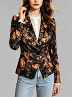 French-Style Vintage Black Suit for Women with Rose Print, Waist-Cinching Short Blazer, Two-Button V-Neck, Slim-Fit, Figure-Flattering, Office-Wear, Floral Print, Versatile Spring/Autumn Long-Sleeve Top - Black