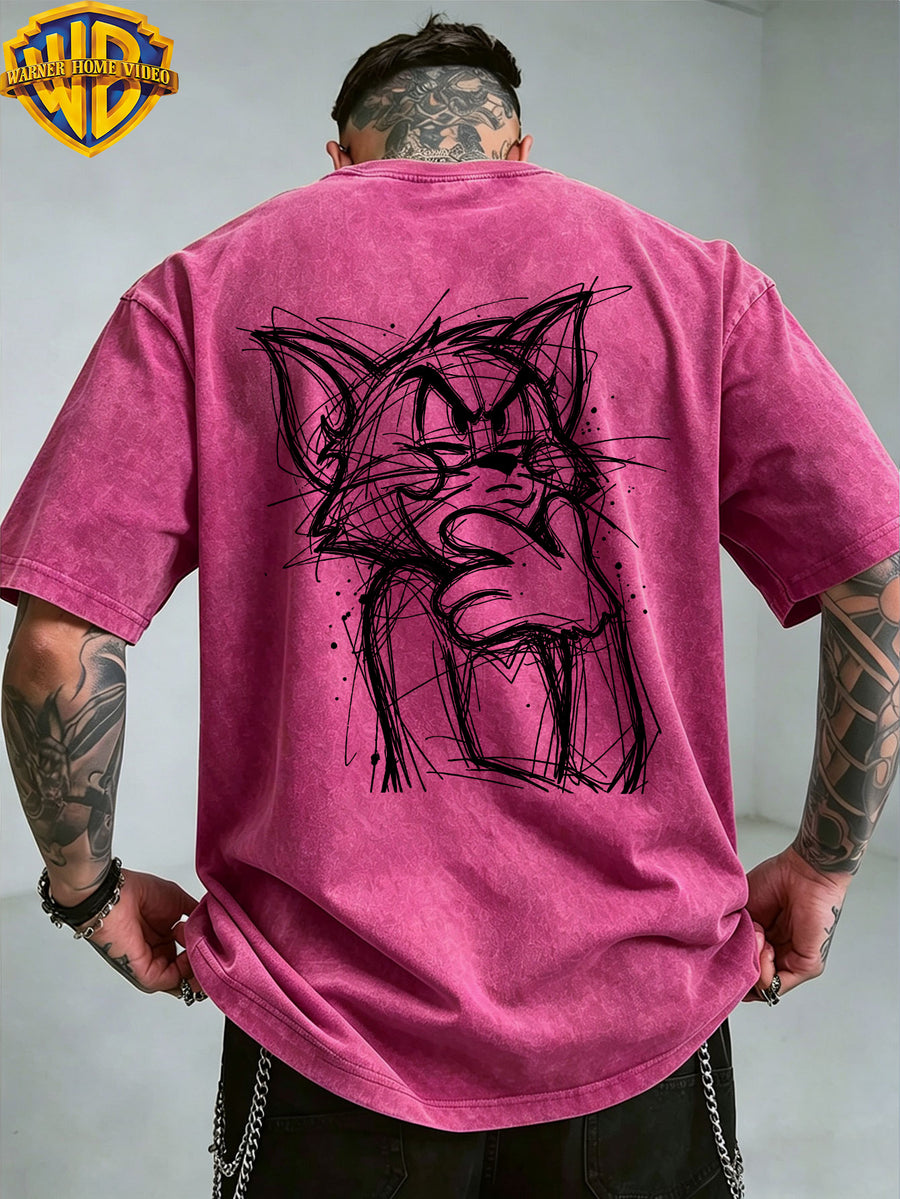 Warner Bros. Official License, Classic Cartoon Character Angry Raging Hand-Drawn Line Art Print, American Retro Washed Distressed T-Shirt, Unisex, Machine Washable, Suitable for Daily Commute And Outdoor Wear - Rose Red