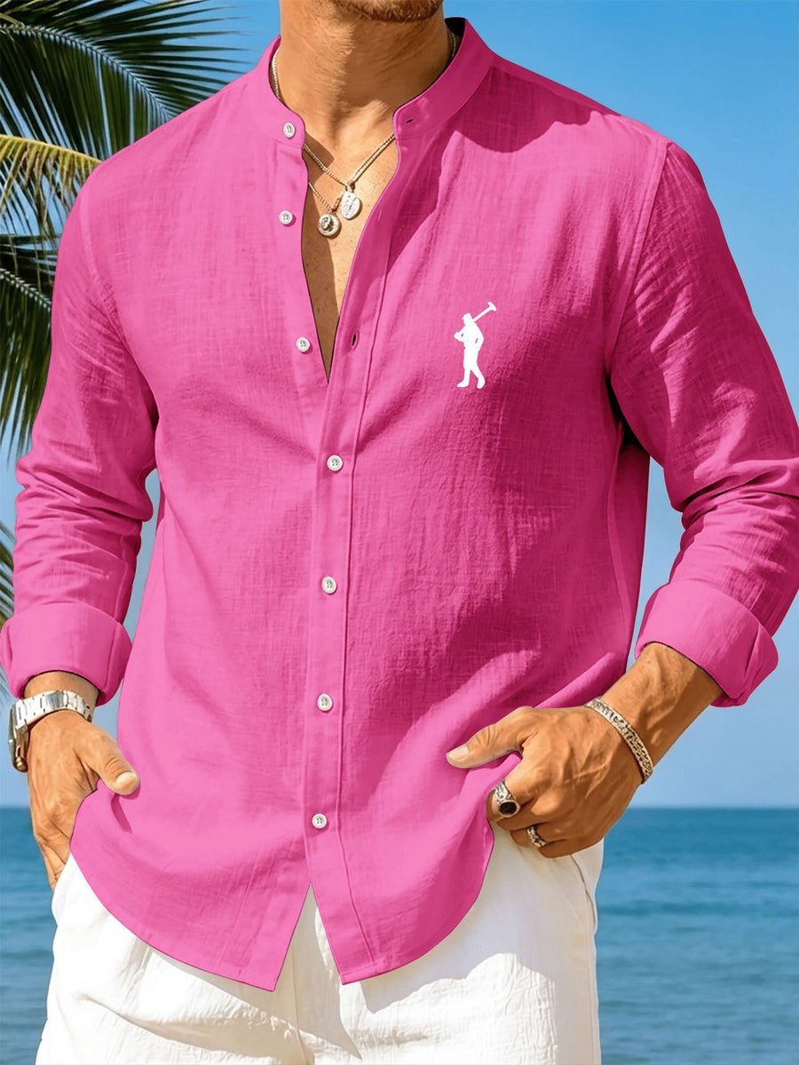 Men'S New Fashion Stand-Up Collar Long Sleeve Shirt, Lightweight Linen-Like Comfortable Fabric, Laborer Print Pattern, Suitable for Daily Commute Outdoor, Beach Vacation And Multi-Scene Wear Casual Shirt, Regular Fit Non-Picky Body Shape - Rose Red