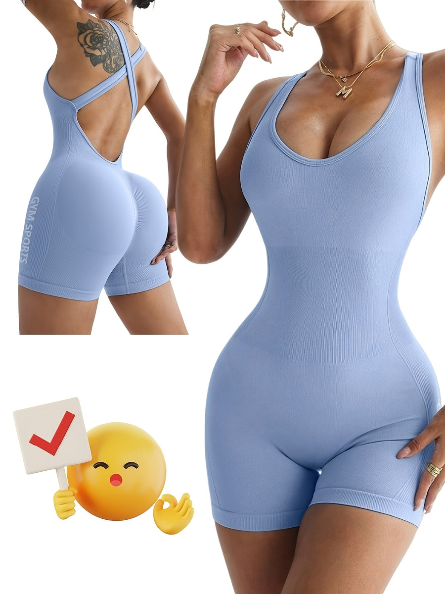 Women'S Seamless Solid Color Camisole with Letter Straps, Cross Back, Waist Cinching, Hip Lifting, Skin-Friendly, Breathable, Short Jumpsuit, Multiple Colors to Choose from - Bright Steel Blue