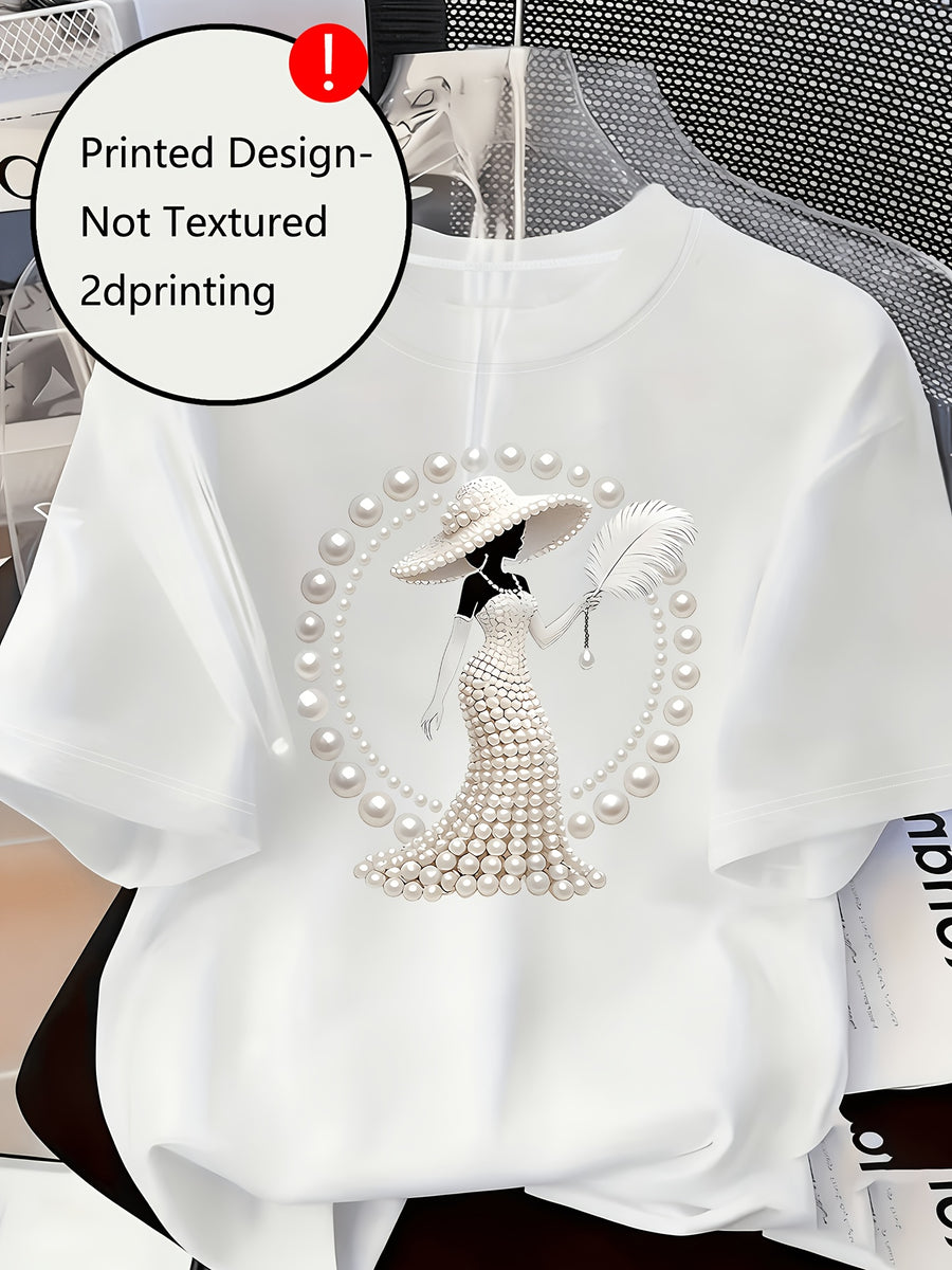 Printed Design Casual Crew Neck T-Shirt, Spring/Summer Fashion Women's T-Shirt [Printed Design – Not Textured] - White