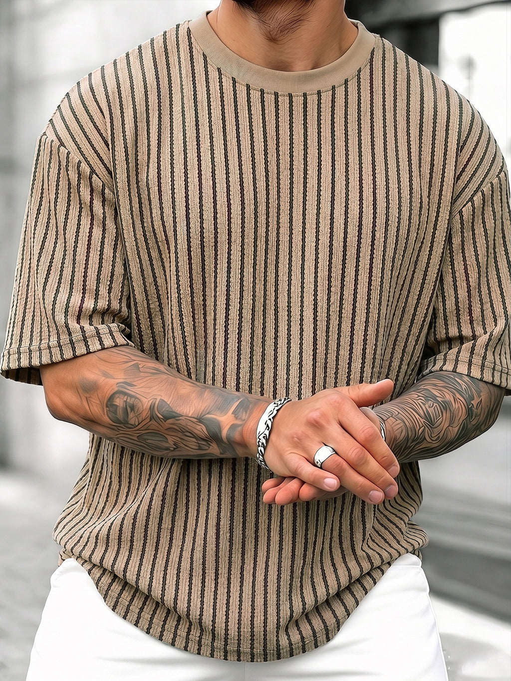 Men'S Casual Comfortable Round Neck Retro Striped Short Sleeve T-Shirt, Fresh Outfit Essential, Premium And Easy, Not Easy 2HLT26, All Season, Pockets, Regular Fit, Multicolor - Khaki