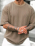 Men'S Casual Comfortable Round Neck Retro Striped Short Sleeve T-Shirt, Fresh Outfit Essential, Premium And Easy, Not Easy 2HLT26, All Season, Pockets, Regular Fit, Multicolor - Khaki