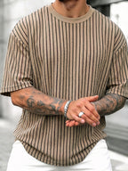 Men'S Casual Comfortable Round Neck Retro Striped Short Sleeve T-Shirt, Fresh Outfit Essential, Premium And Easy, Not Easy 2HLT26, All Season, Pockets, Regular Fit, Multicolor - Khaki