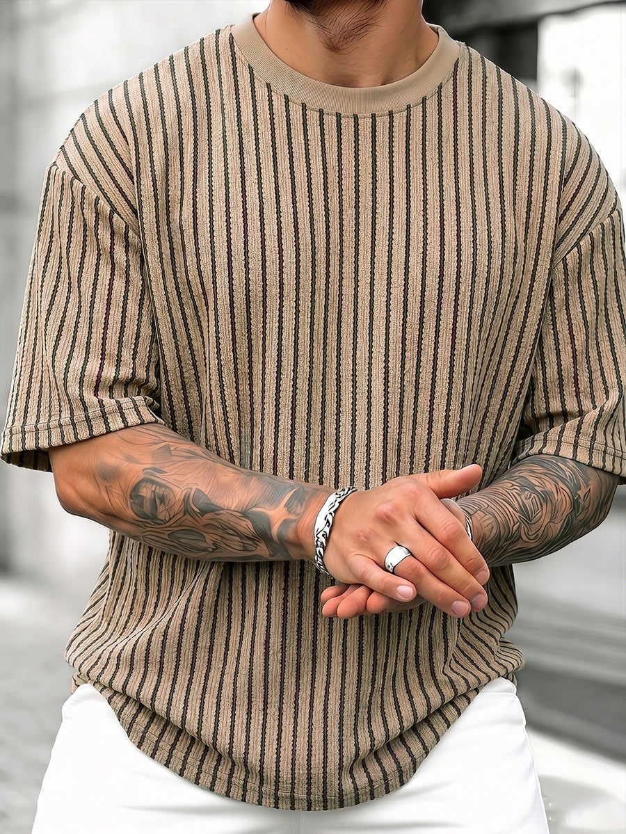 Men'S Casual Comfortable Round Neck Retro Striped Short Sleeve T-Shirt, Fresh Outfit Essential, Premium And Easy, Not Easy 2HLT26, All Season, Pockets, Regular Fit, Multicolor - Khaki