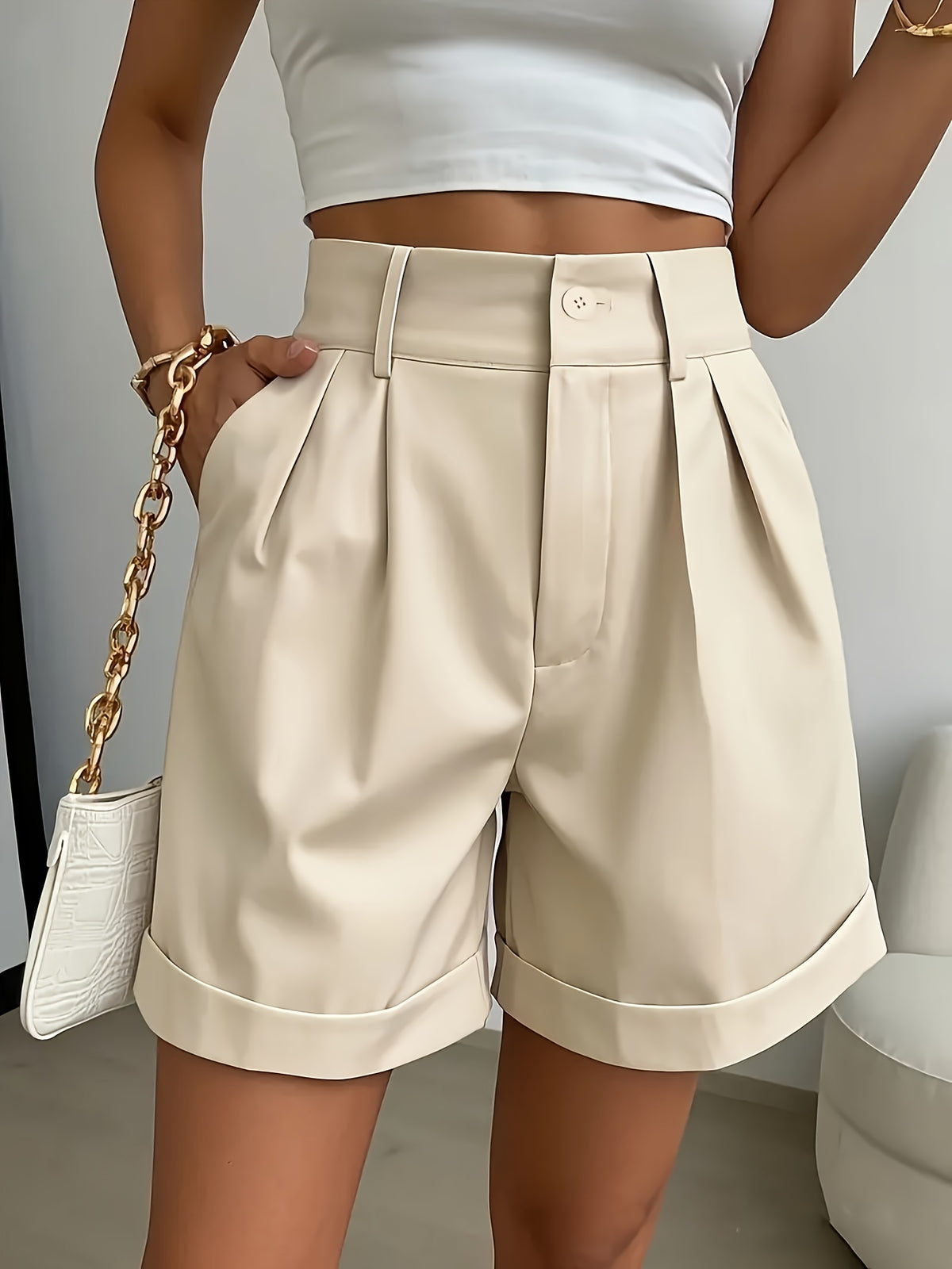 1pc Women'S Solid High-Waist A-Line Wide-Leg Bermuda Shorts, Commuter Elegant, Fashionable Urban, Slant Pocket High-Waist Loose Shorts, Spring Summer Casual Solid Shorts, Women'S Clothing - Apricot