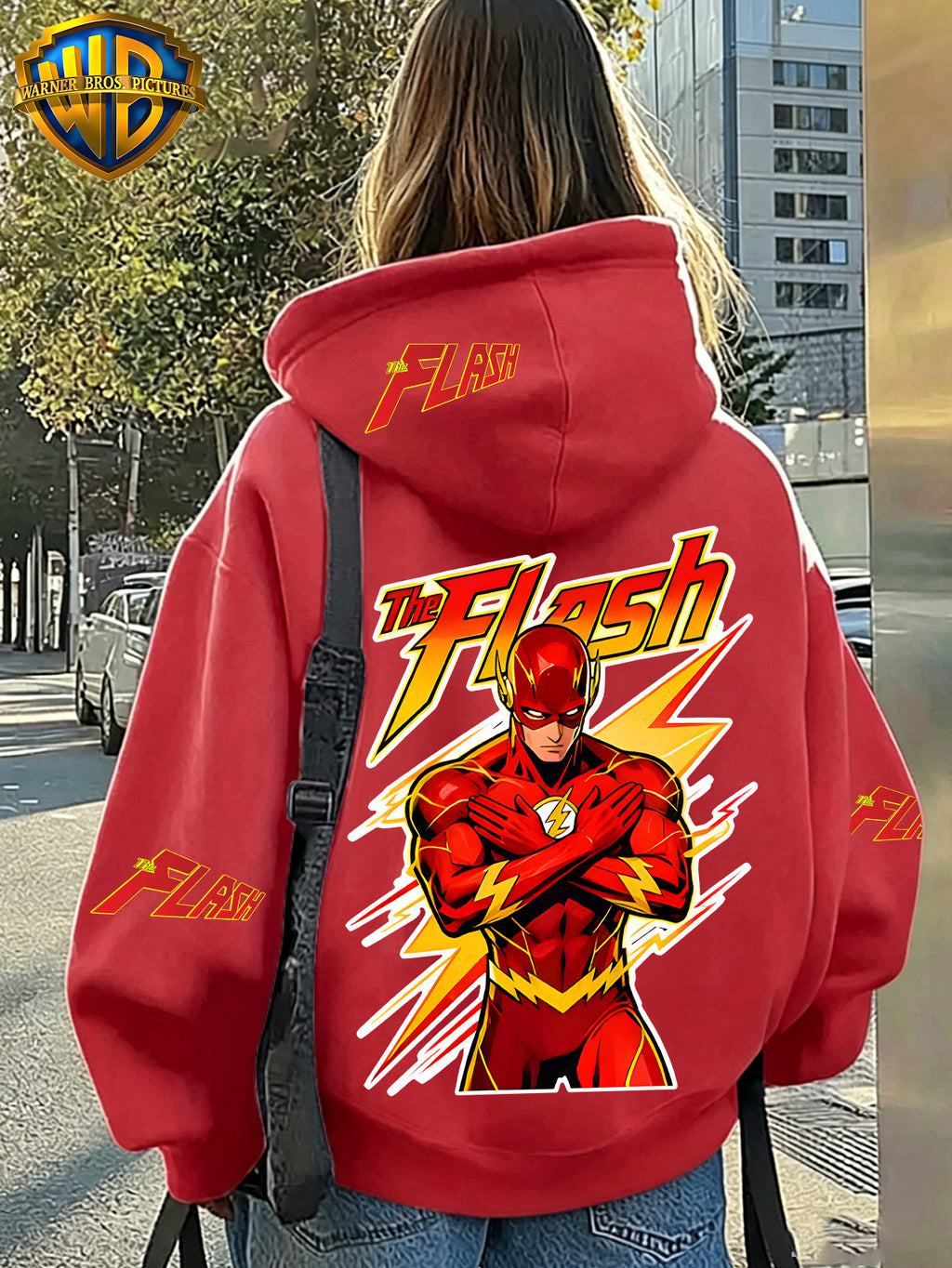 Warner Bros. DC The Flash Crossed Arms Hero Lightning Logo Multi-Position Letter Print Hooded Sweatshirt, Trendy Superhero Fan Outing, Shopping, Campus Commuting, Fashionable and Versatile Drawstring Long-Sleeve Printed Women's Casual Pullover Hoodie - Red