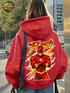 Warner Bros. DC The Flash Crossed Arms Hero Lightning Logo Multi-Position Letter Print Hooded Sweatshirt, Trendy Superhero Fan Outing, Shopping, Campus Commuting, Fashionable and Versatile Drawstring Long-Sleeve Printed Women's Casual Pullover Hoodie - Red