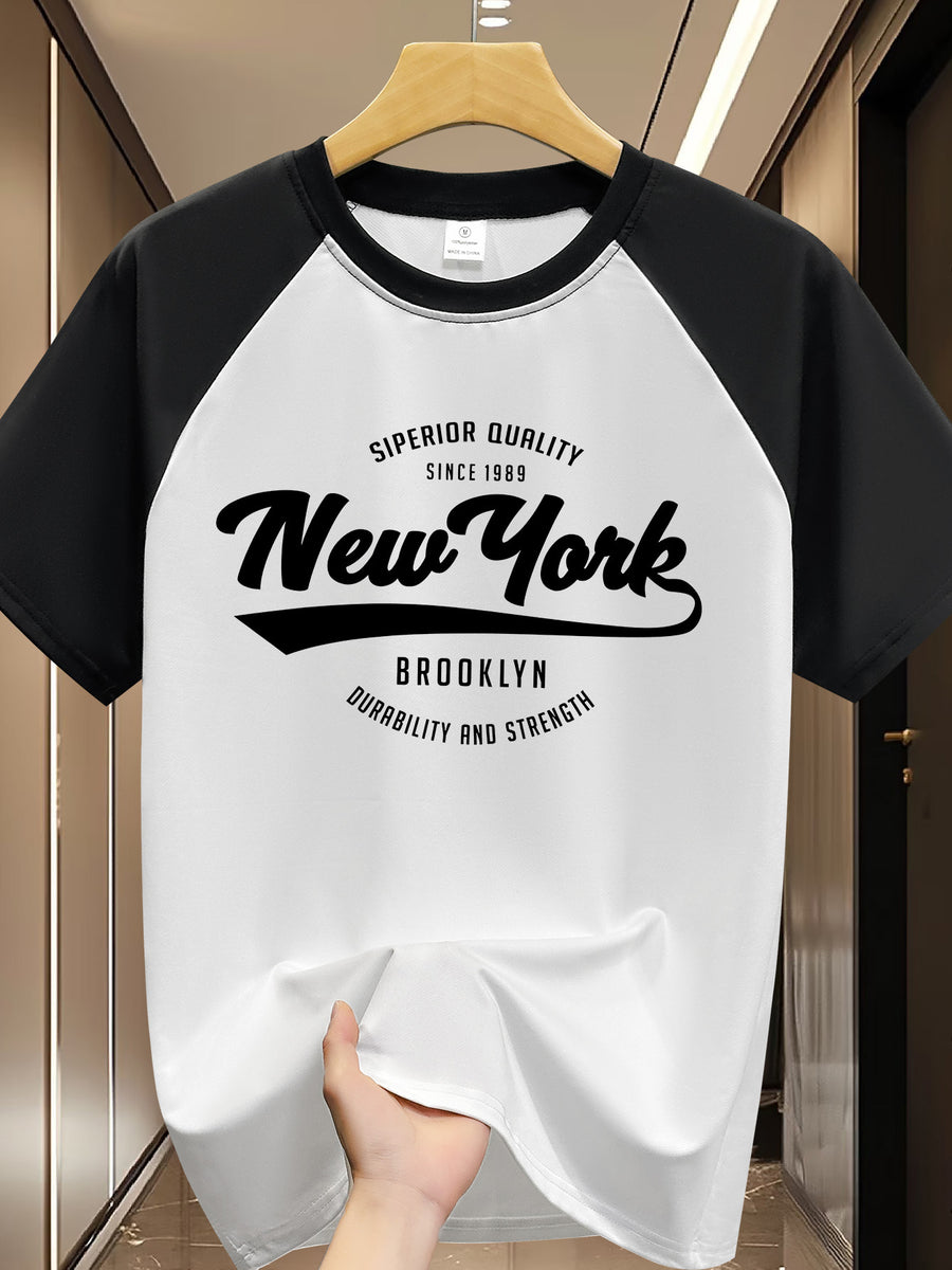 Men's Fashionable Graphic Raglan Sleeve T-shirt, Summer Casual and Comfortable T-shirt, Men's Short-sleeved Top for Daily Activities - White+black