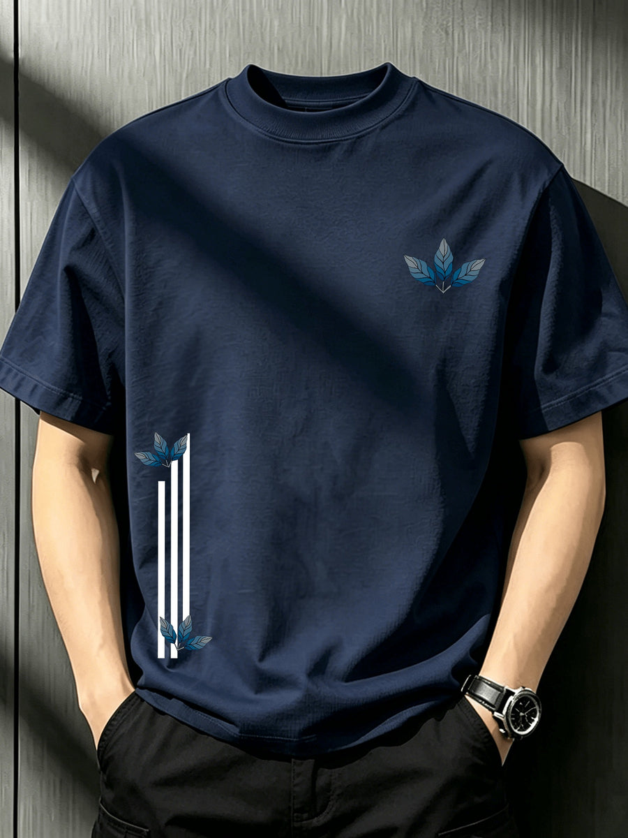 Men'S White Crew Neck Short Sleeve T-Shirt Printed with Minimalist Line Blue Maple Leaf, Niche Fresh Casual Loose Fit Breathable Basic Top for Summer - Navy Color