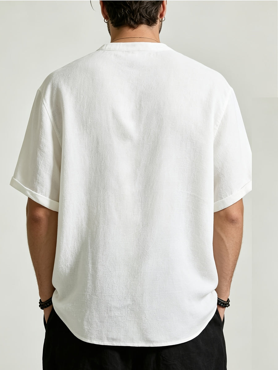 Men's Summer Loose Stand Collar Short Sleeve Shirt, Chinese Style Mandarin Button-Up Tang Suit, Vintage Style Chinese Casual Thin Shirt - White