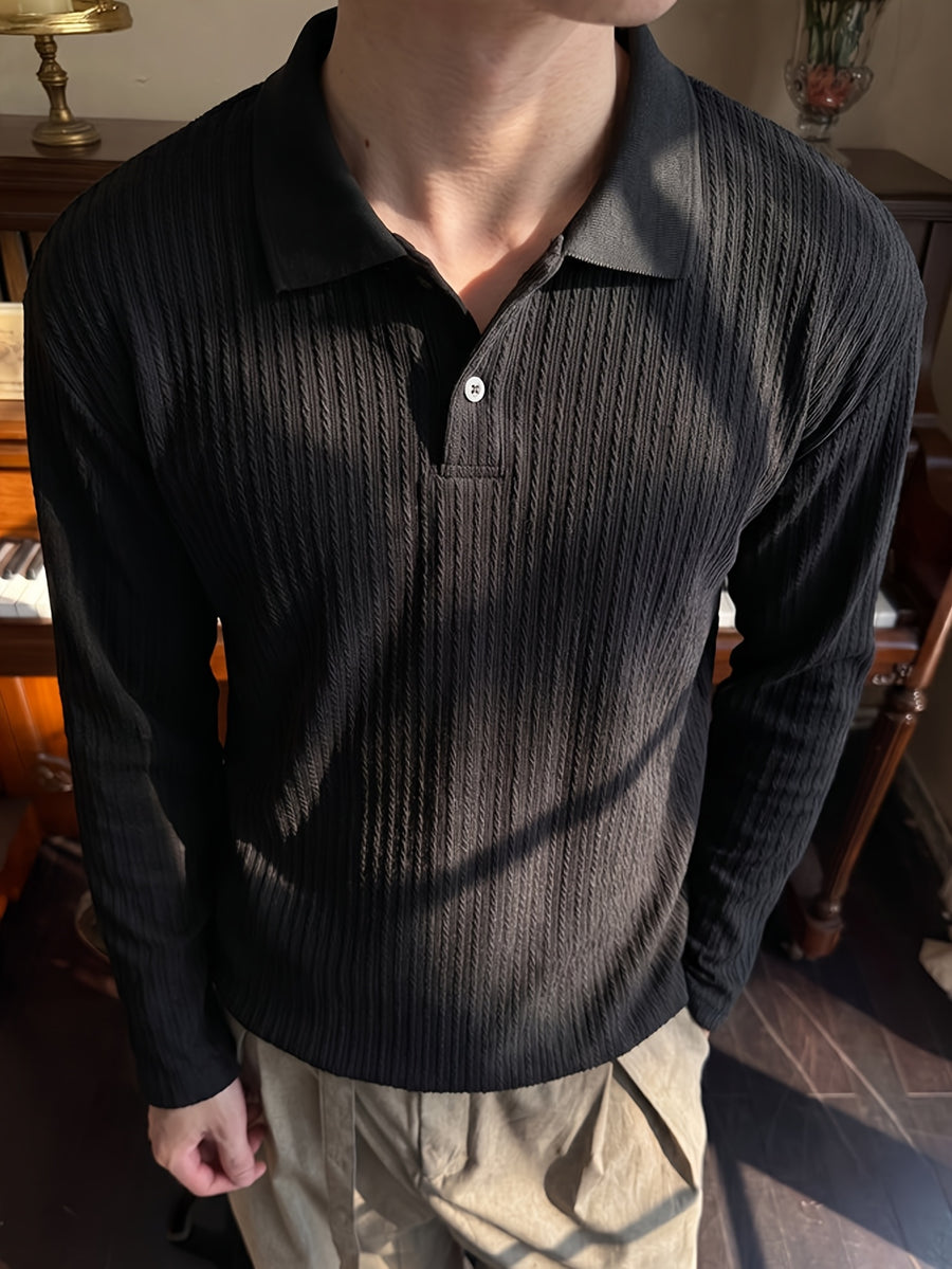 [Pearson OBM] Men'S Light Mature Commuter Vertical Pinstripe Lapel Long Sleeve Polo Shirt, Textured Two-Button Solid Top, Suitable for Spring/Autumn Office Business Date Wear - Black