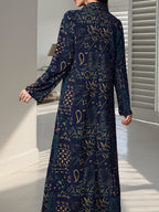 New Spring/Autumn Middle Eastern Style Elegant Women's Paisley Print Long Dress, Loose Fit Holiday Style Lapel Collar Long Sleeve Dress - Navy Color