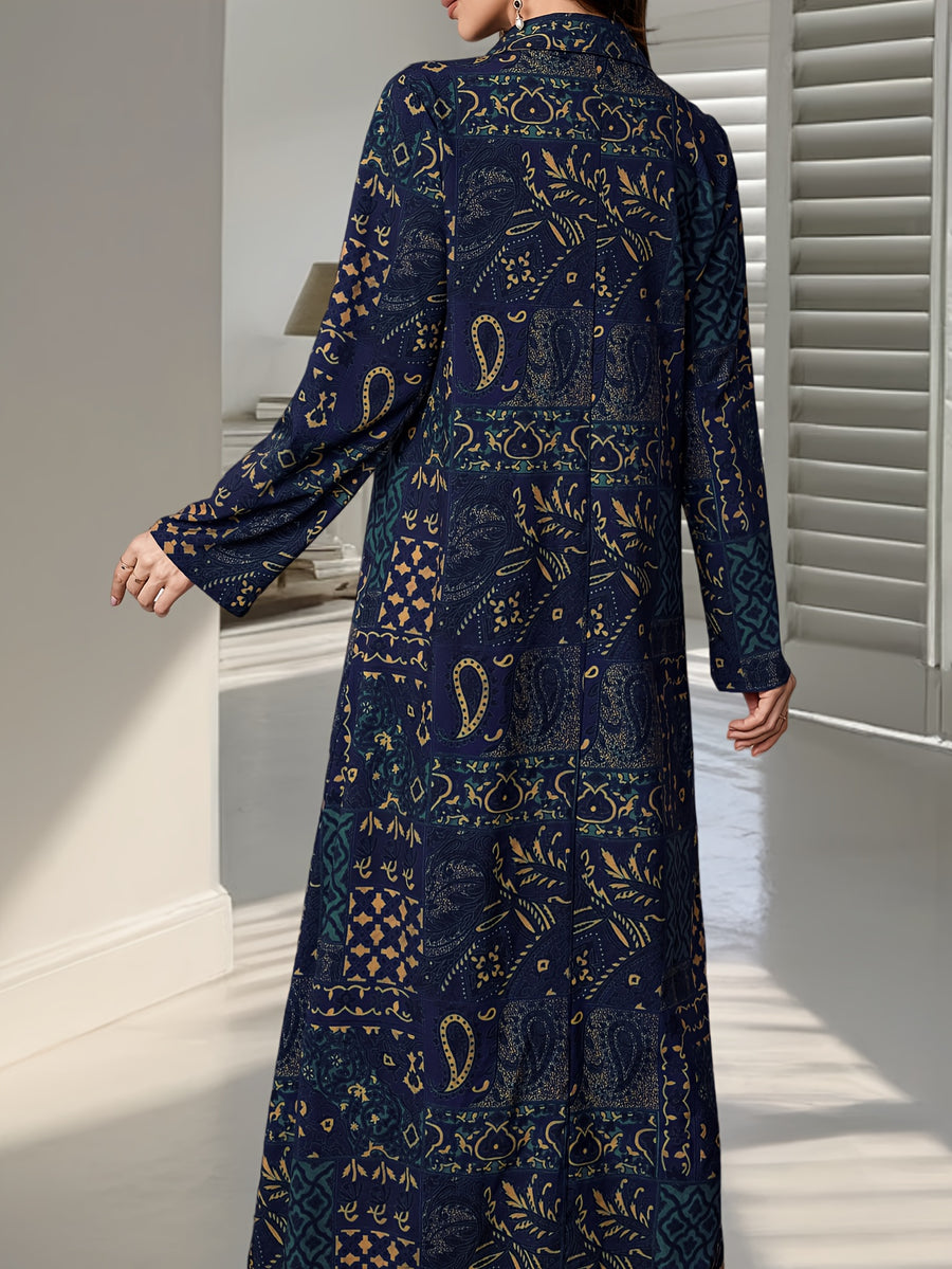 New Spring/Autumn Middle Eastern Style Elegant Women's Paisley Print Long Dress, Loose Fit Holiday Style Lapel Collar Long Sleeve Dress - Navy Color