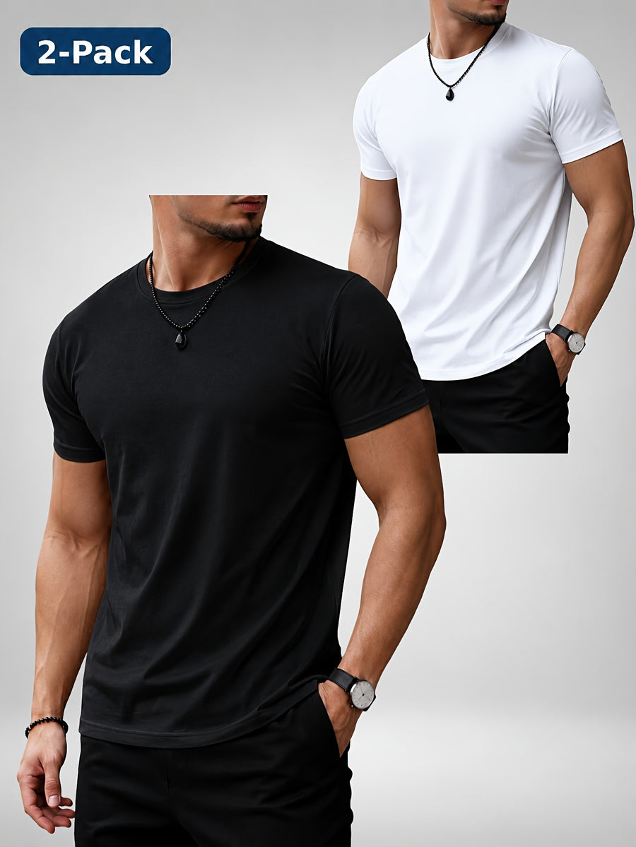 2pcs Men'S Round Neck Short Sleeve Top Set, Round Neck Solid Basic Style Multi-Piece Set, Soft -Like Fabric, Easy And Timeless, Easy to Match, Daily Replacement And Base Layer Short Sleeve Top, Suitable for Commuting, Casual And Home Wear - White+black