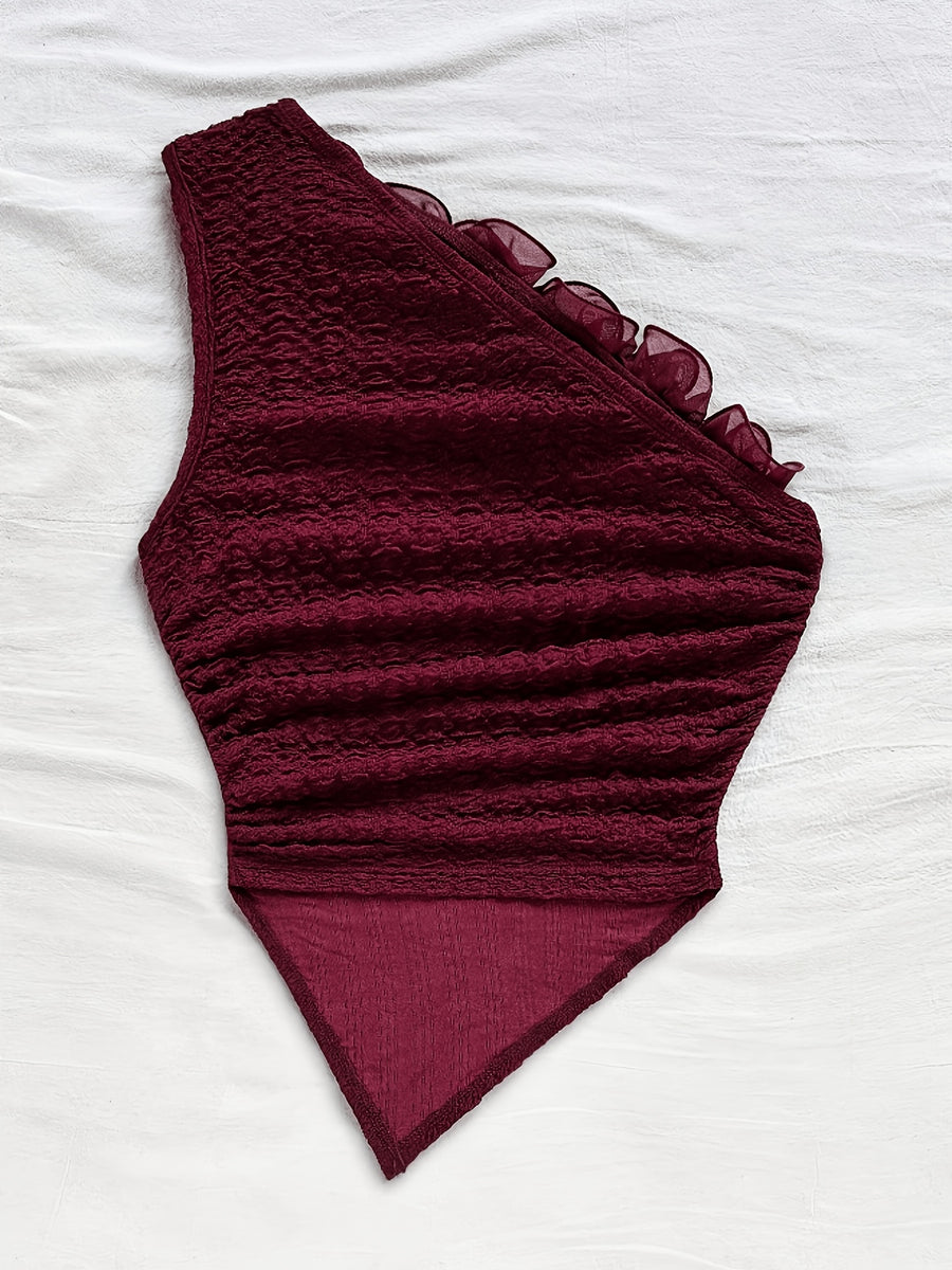 Casual Elegant Women's Hot Outfit Romantic Lace Flower Embellished T-Shirt Bodycon Top Asymmetrical Hem Bohemian Beach Vacation Style Off-Shoulder Vest Crop Top Sexy Hot Outfit Festival Ramadan Eid Clothing - Burgundy