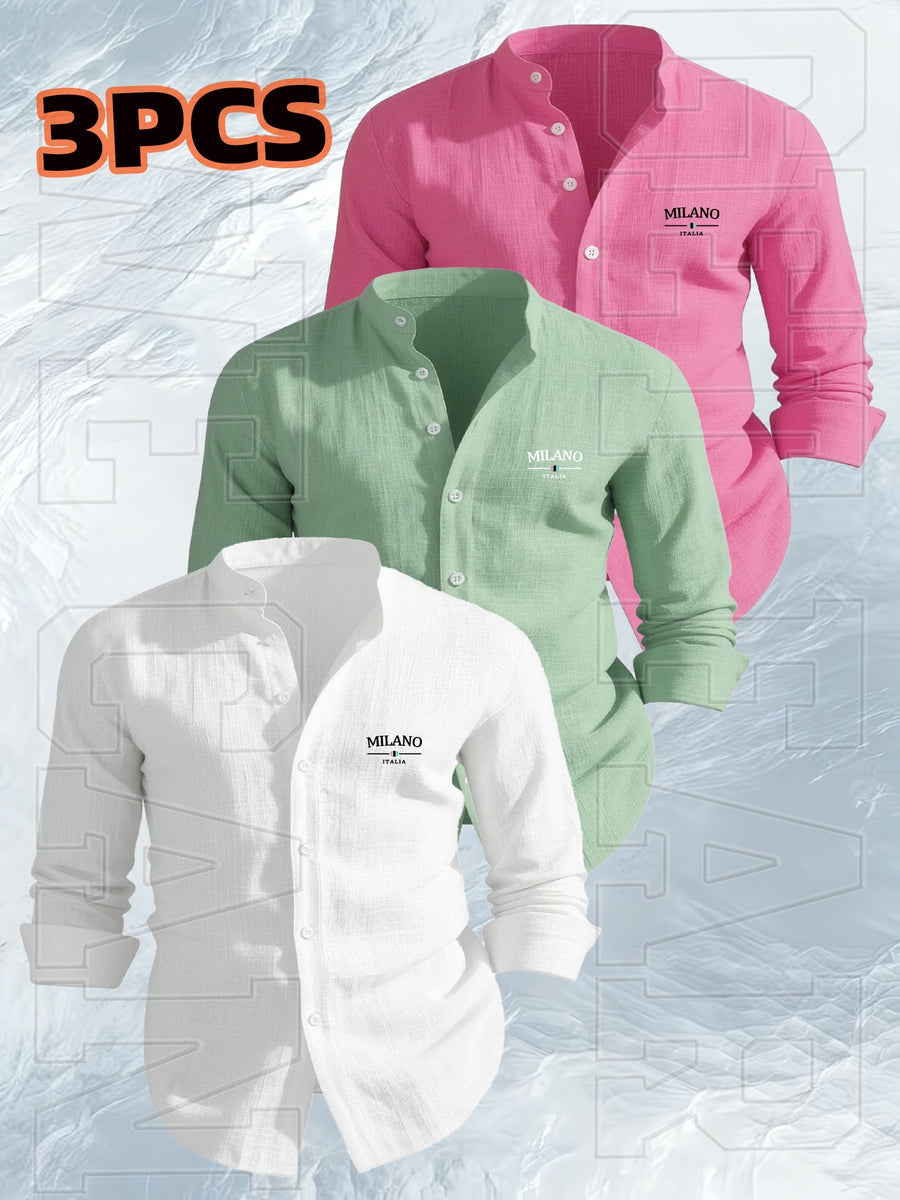 [Qiaoximei OBM] 3pcs Set, Men'S Clothing New Stand-Collar Solid Color Faux Linen Long Sleeve Shirt, Geometric Pattern Stand-Collar Easy Design, Spring Autumn Winter High-Quality Men'S Long Sleeve Stand-Collar Button-Up Shirt - Suitable for Outdoor L - White + Light Green + Lotus Root Pink