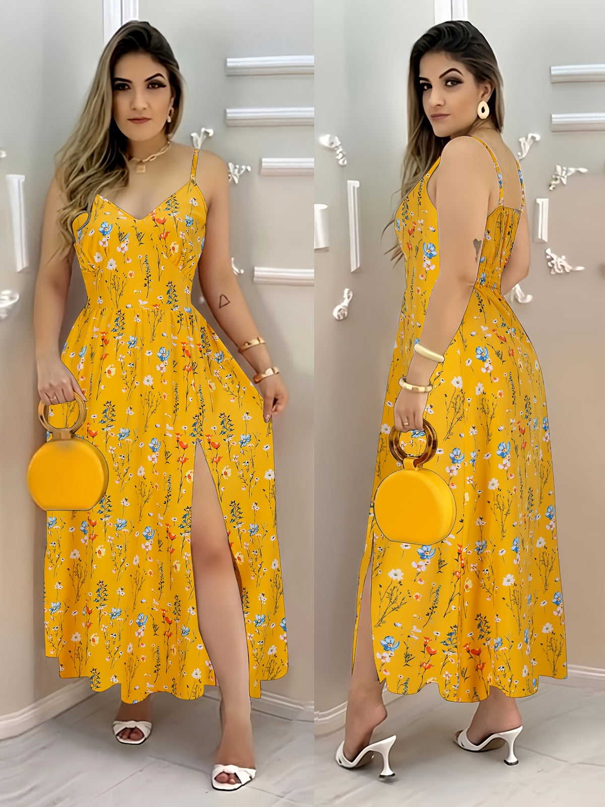 Casual Elegant Chic Bohemian V-Neck Print Dress for Women, Suspender Waist-Cinching Split Slim-Fit Vacation Party Outing Long Dress, Summer Fashion Ladies Polka Dot Print Thin Strap Split Long Dress - Mixed colors