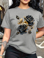 A Stylish And Breathable T-Shirt Featuring a Luxurious Vintage Design with a Black And Golden Rose Pattern, Perfect for Family Trips, Campus Events, Casual, Daily Commutes, Matching Outfits for Sisters, And Versatile Wear - Light Grey