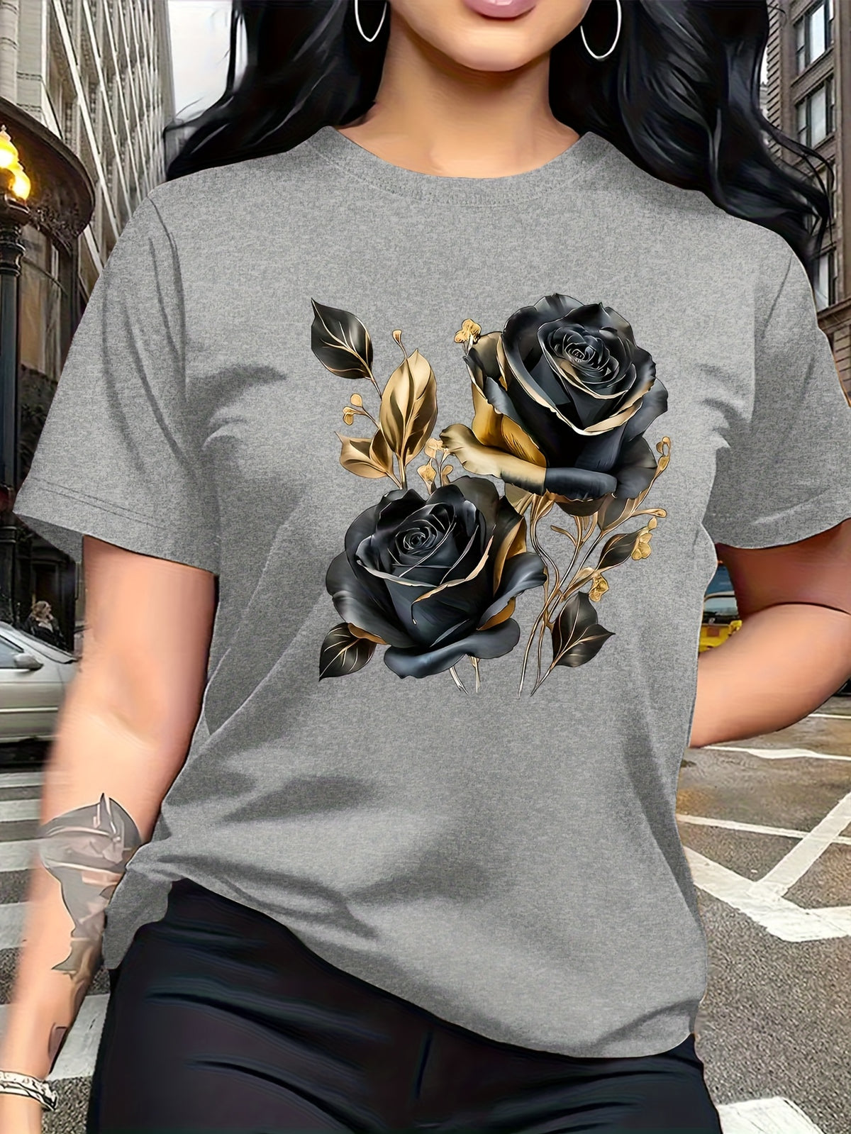 A Stylish And Breathable T-Shirt Featuring a Luxurious Vintage Design with a Black And Golden Rose Pattern, Perfect for Family Trips, Campus Events, Casual, Daily Commutes, Matching Outfits for Sisters, And Versatile Wear - Light Grey