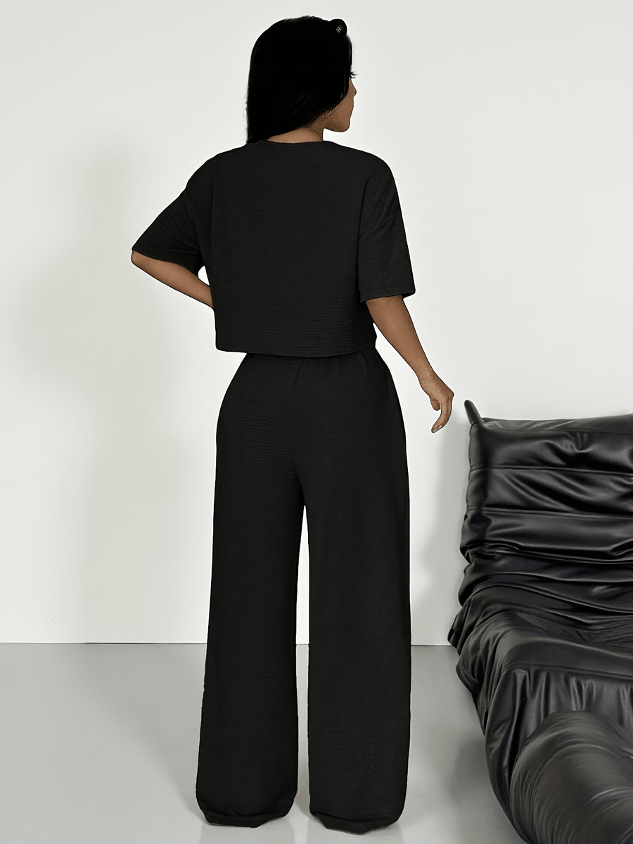 Women'S Spring/Summer Fashion T-Shirt And Pants 2pcs Set - Black
