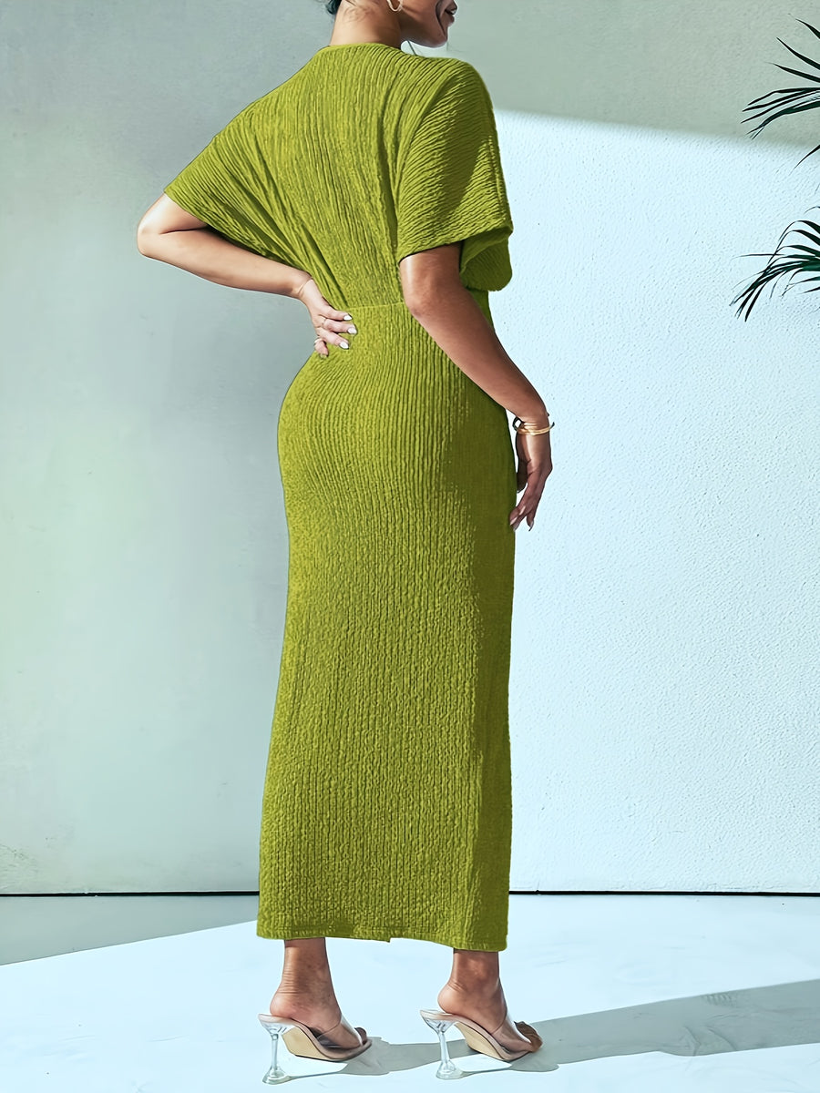 YY0514056 Textured Short Sleeve Batwing Maxi Dress, V-Neck Ruched Elegant Long Gown - Olive