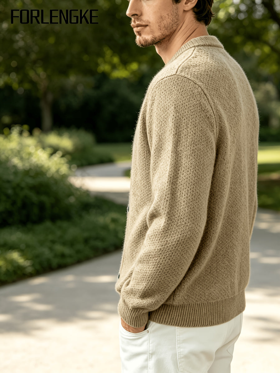 FORLENGKE Men'S Business Casual Crew Neck Button-Up Knit Cardigan, Soft Warm Textured Long Sleeve Sweater Coat for Autumn Winter Office Daily Wear - Khaki