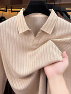 Men's Buttonless V-Neck Long-Sleeve Polo Shirt with Vertical Stripe Knit Lapel - Off-white