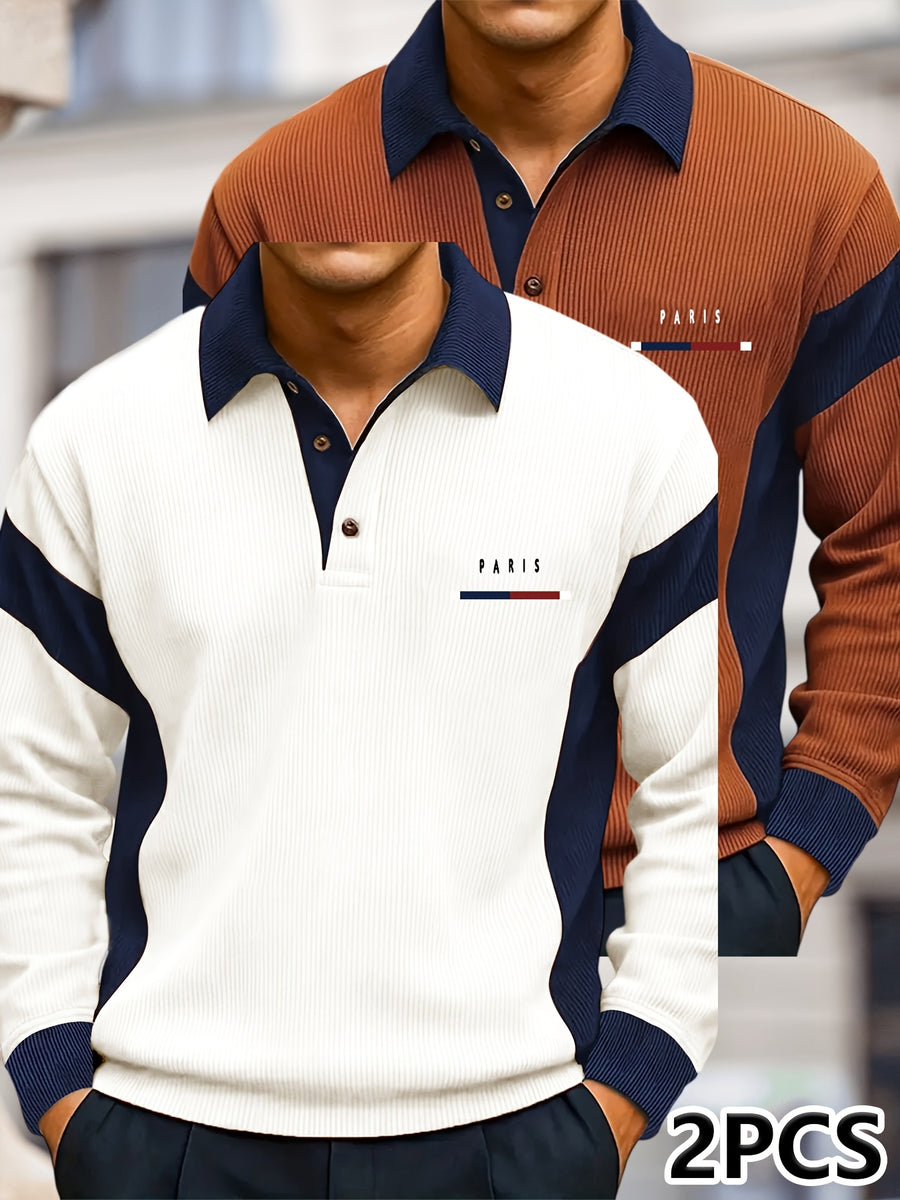 Men's Color-Block Spliced Long-Sleeve Polo Shirt Two-pc, Vertical Stripe Texture, Letter Print Lapel Top, Spring/Autumn Business Casual Versatile 2pcs Men's Sweatshirt Set - Tangerine+White