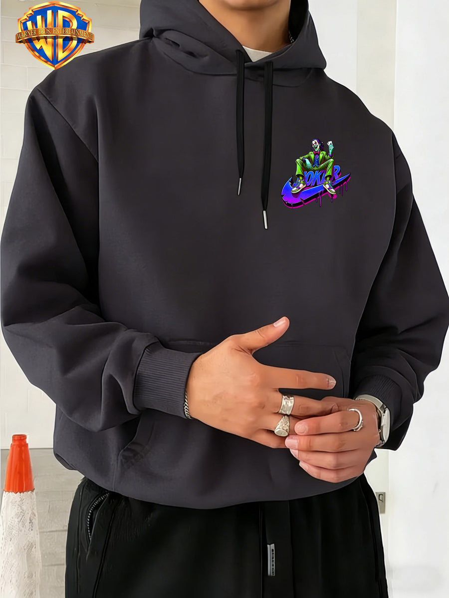 Warner Bros. Licensed, Purple Blue Neon Fluid Droplet Green Suit Bow Tie Licensed Clown Trendy Cool Print Men'S Fashion Hooded Sweatshirt, Sleeve Print Design, Kangaroo Pocket, Drawstring Hood, Suitable for Casual Wear And Outdoor Activities - Dark Gray