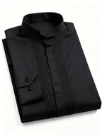 Premium Style Pleated Stand Collar Long Sleeve Shirt, Men'S Light Luxury Business Formal Top - Black