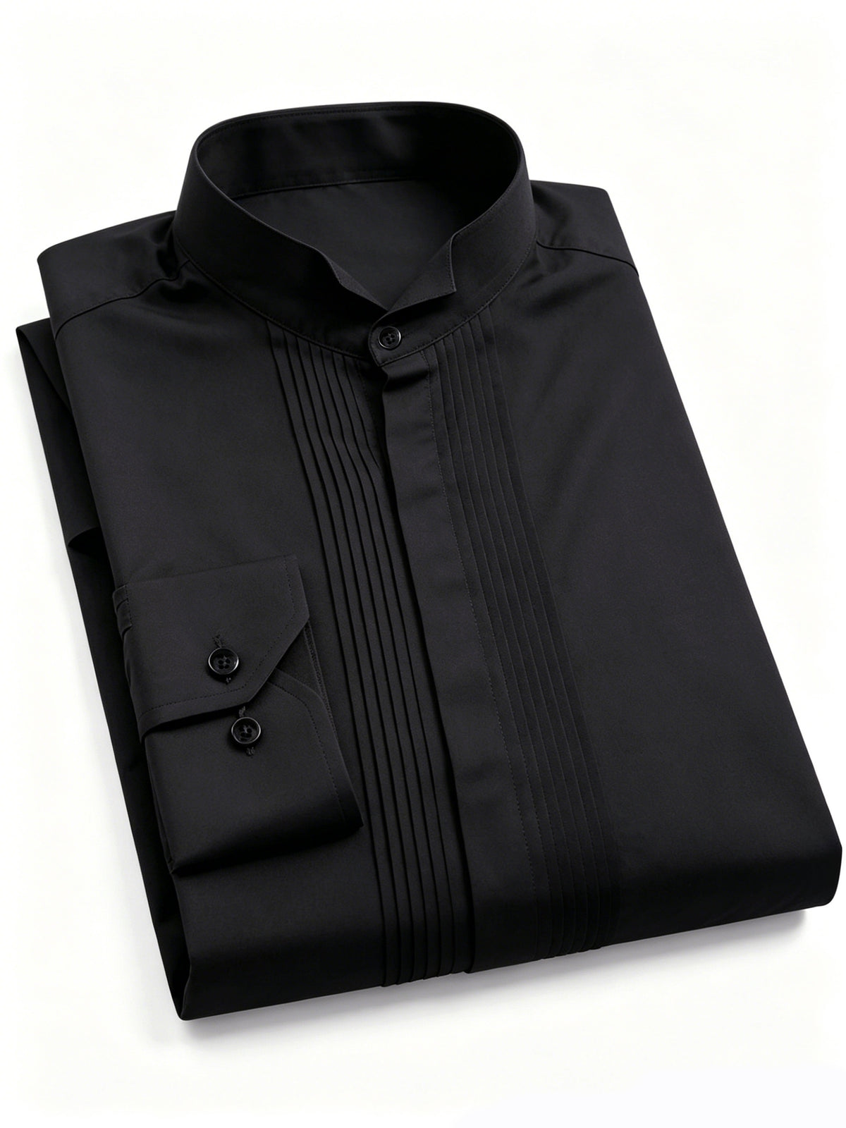 Premium Style Pleated Stand Collar Long Sleeve Shirt, Men'S Light Luxury Business Formal Top - Black