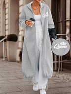 Women's Casual Fashion Long Hooded Jacket with Front and Back Print of White Crown + "Queen" Lettering, Comfortable and Versatile for Daily Commute and Multiple Scenarios - Grey
