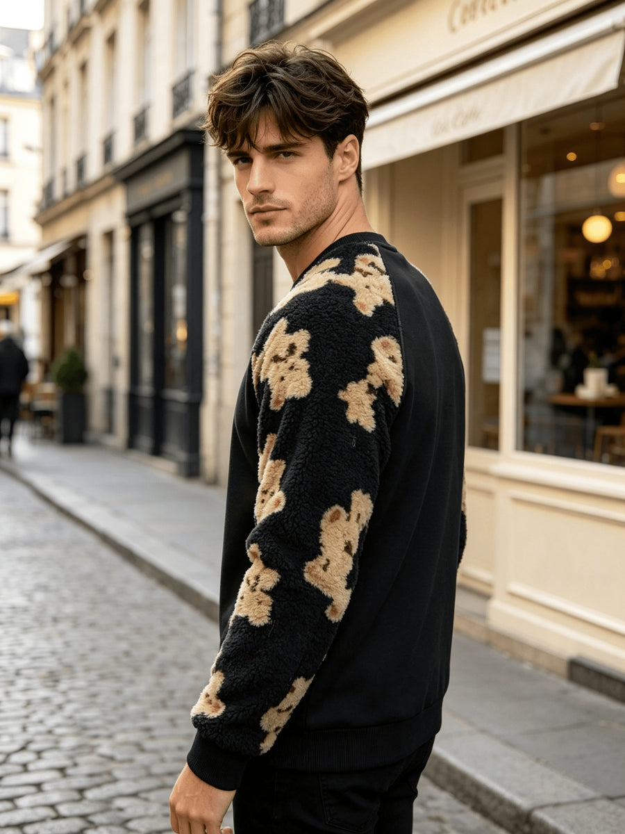 Men'S Autumn Winter Round Neck Puff Sleeve Plush Sweatshirt, Fashionable Bear-Colored Patchwork Pattern And Solid Color Design, Wrinkle-Resistant Soft Knit Material, Very Practical. Suitable for Students' Daily Wear on Campus, Outings, Dates - Black