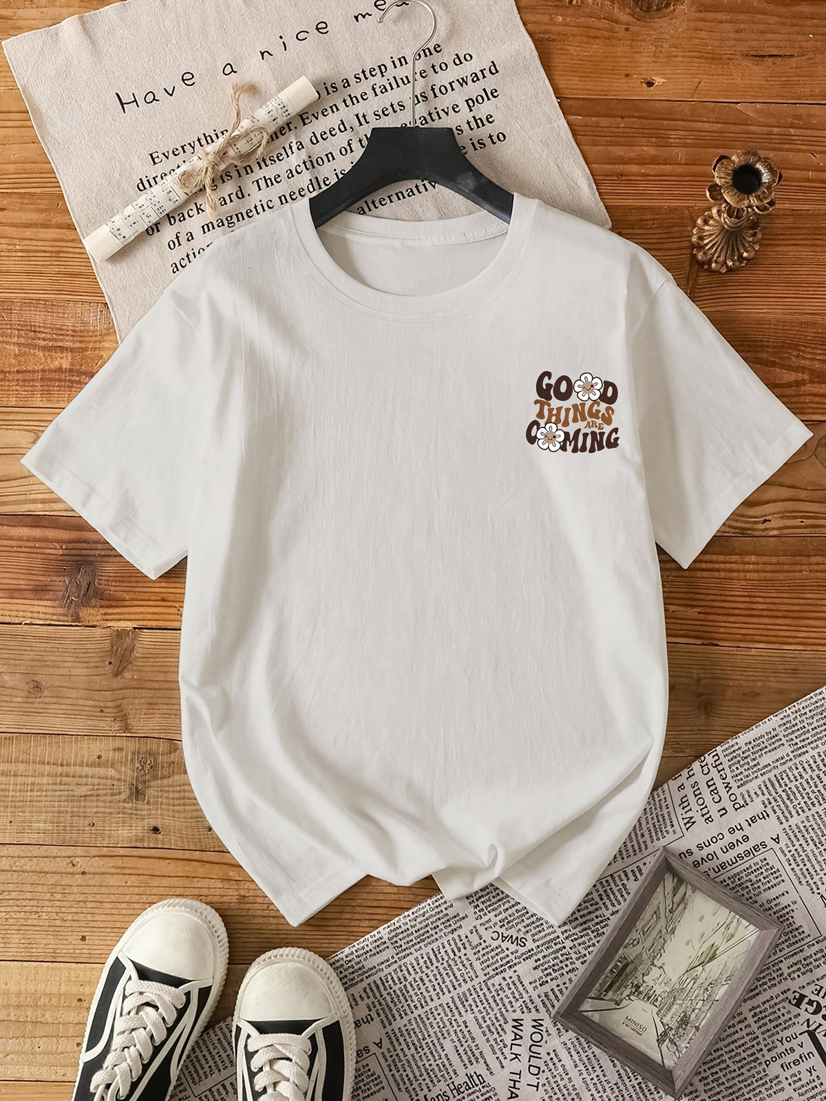 2026 Fashion New Women'S Round Neck English Letter Floral Print Fashion Short Sleeve Summer Casual T-Shirt - White