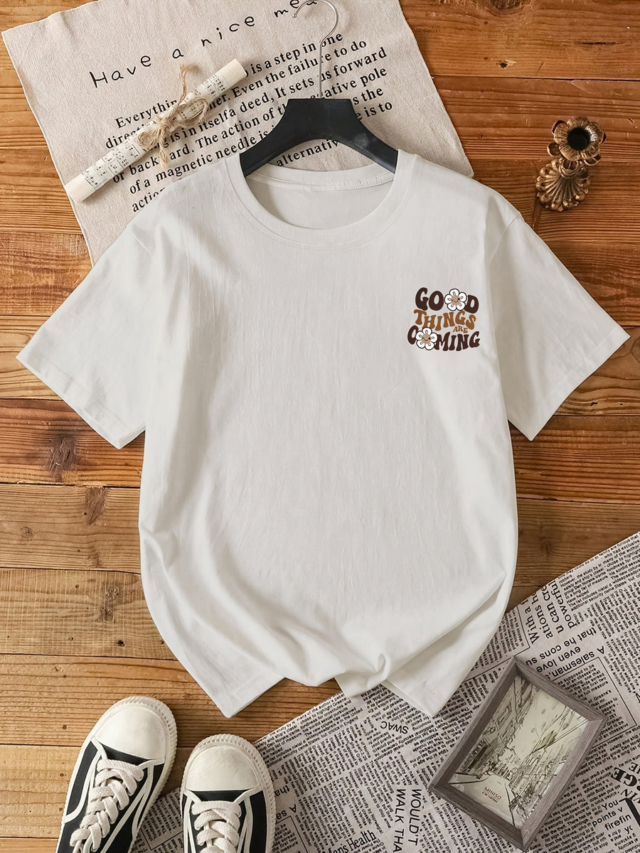 2026 Fashion New Women'S Round Neck English Letter Floral Print Fashion Short Sleeve Summer Casual T-Shirt - White