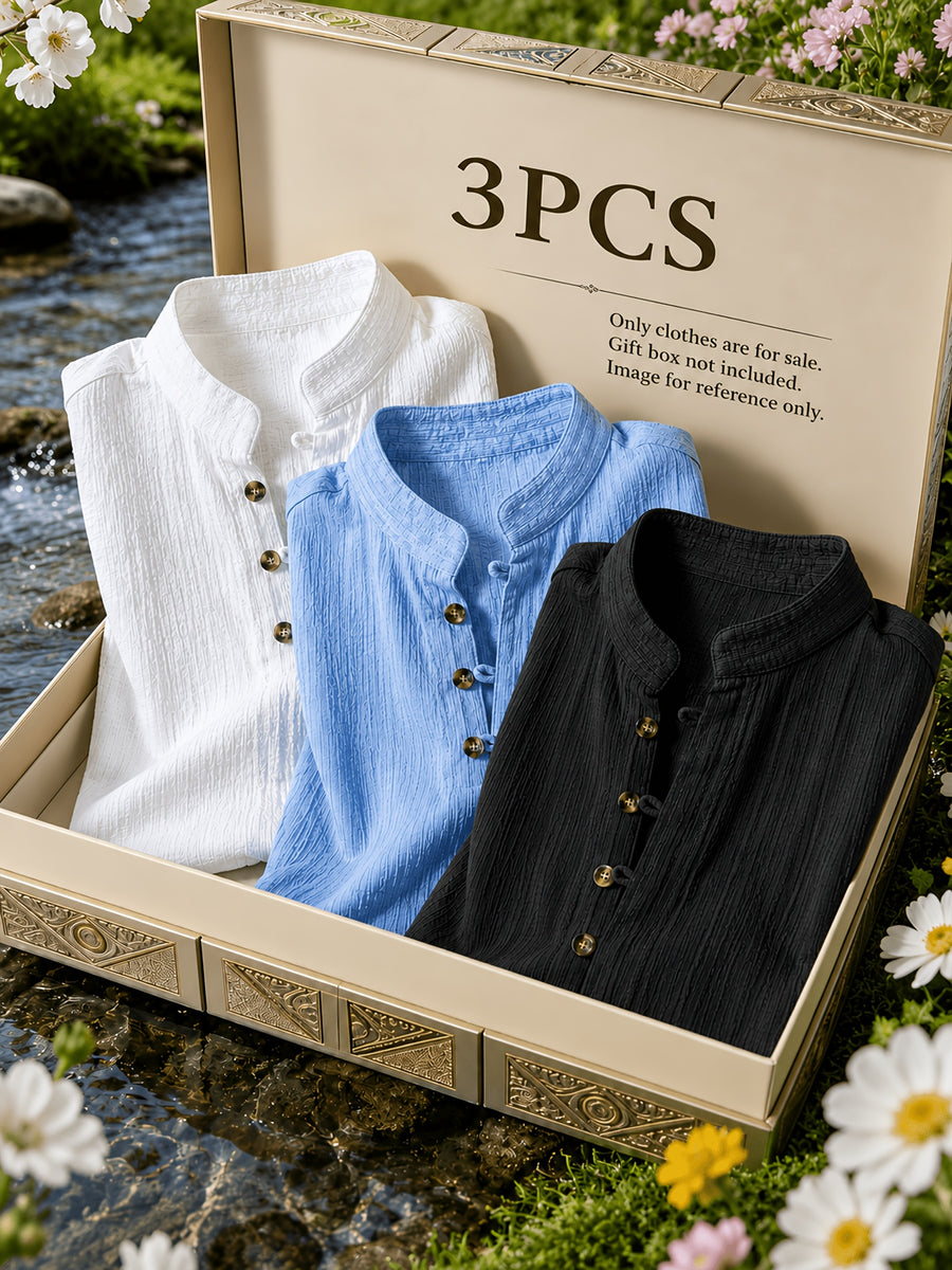 [Pearson Obm] 3pcs Men'S Mandarin Collar Multi Button Shirts Textured Lightweight Breathable Slim Fit Casual Tops Vintage Style for Summer Beach Vacation Travel And Daily Wear - Black+blue+white